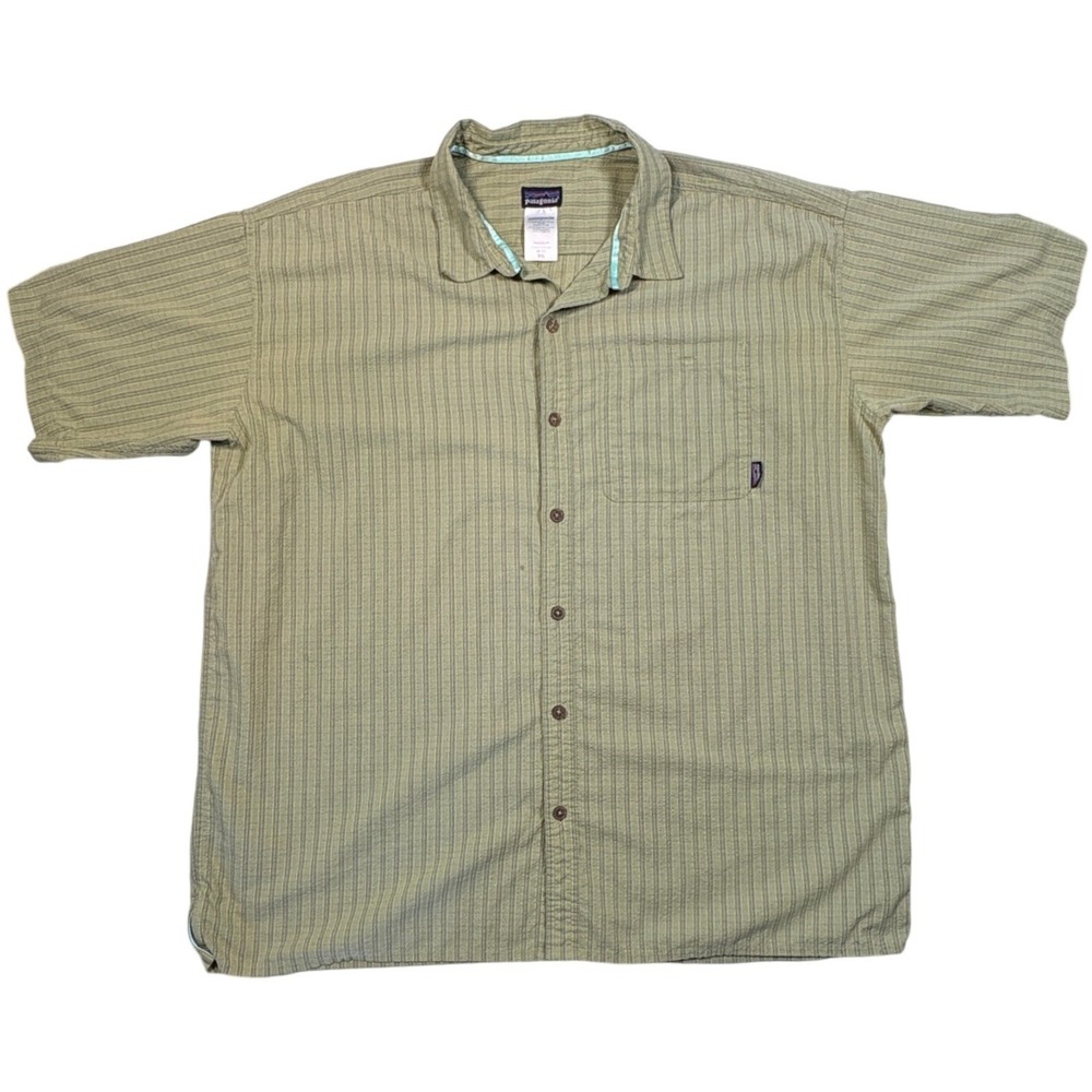 Patagonia Mens XXL Green Striped Short Sleeve Button Down Organic Cotton Blend